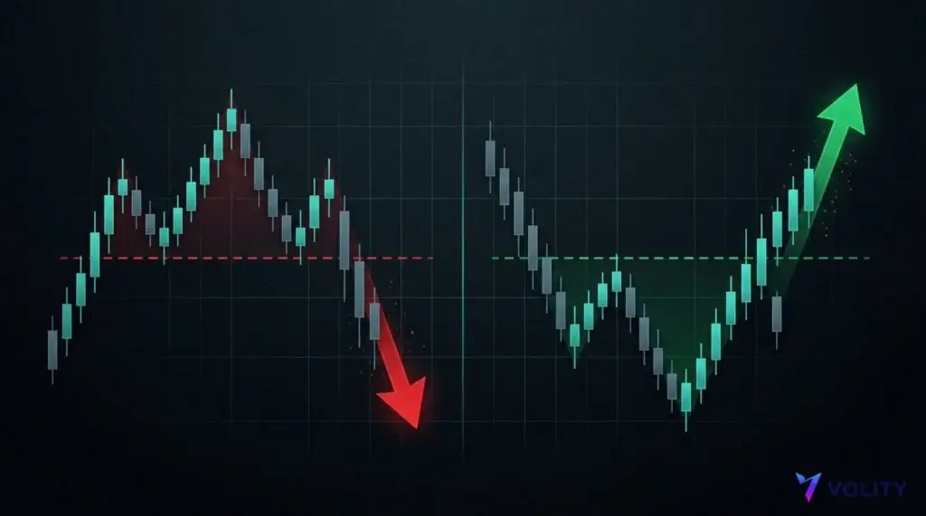 Gráfico comparativo: un hombro-cabeza-hombro estándar bajista en rojo junto a un hombro-cabeza-hombro invertido alcista en verde.