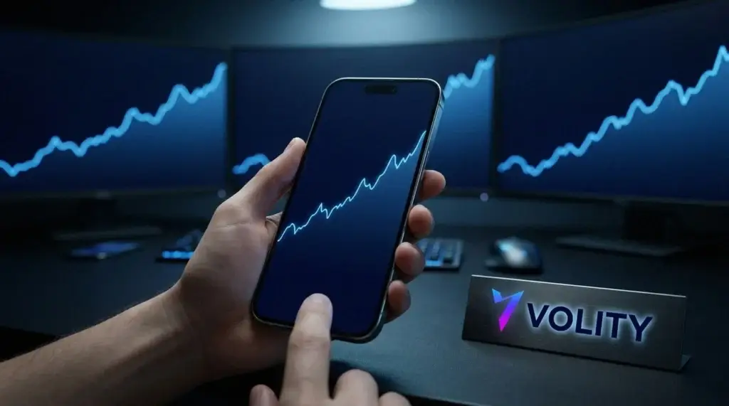 Mano sosteniendo un teléfono que muestra el gráfico del índice US500 en la app Volity MT, en una mesa de trading oscura con monitores azules detrás.