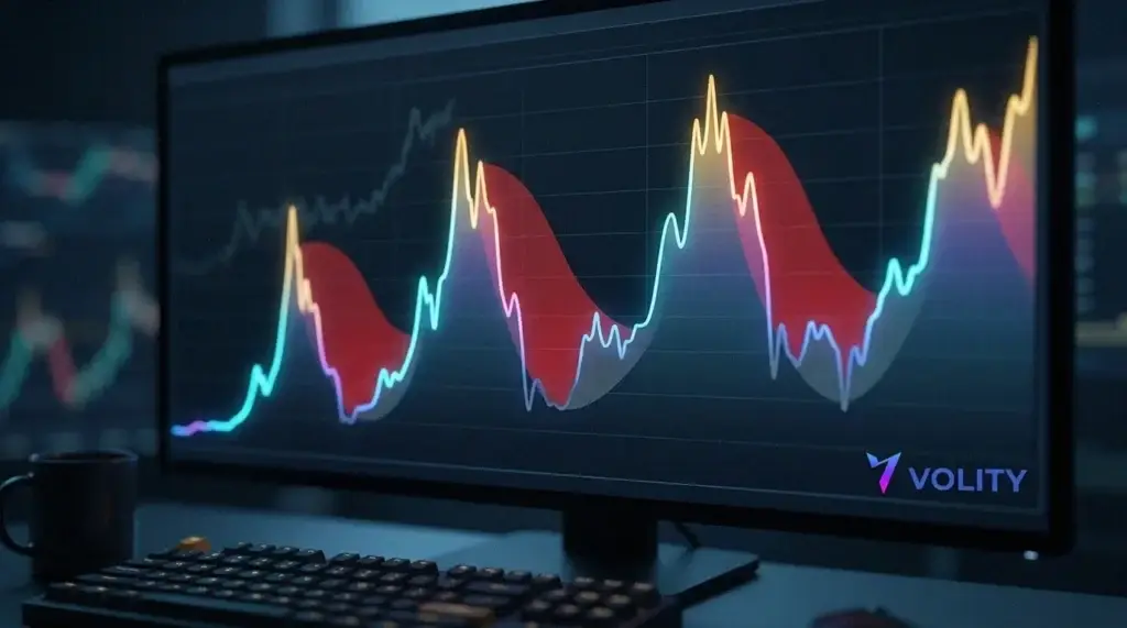 Gráfico de precios oscuro que muestra los ciclos de auge y caída de bitcoin, con varias caídas profundas marcadas en rojo.
