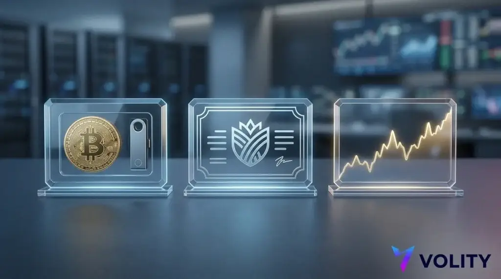 Tres tarjetas que muestran formas de obtener exposición a bitcoin: una moneda en una cartera, un fondo regulado y un ticker de precio de CFD.