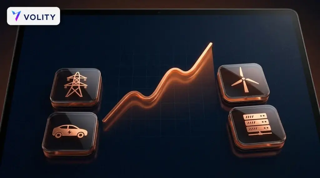 أيقونات بلون النحاس البرتقالي لسيارة كهربائية، وشبكة طاقة، وتوربينة رياح، ومركز بيانات حول رسم بياني يوضح ارتفاع سعر النحاس.