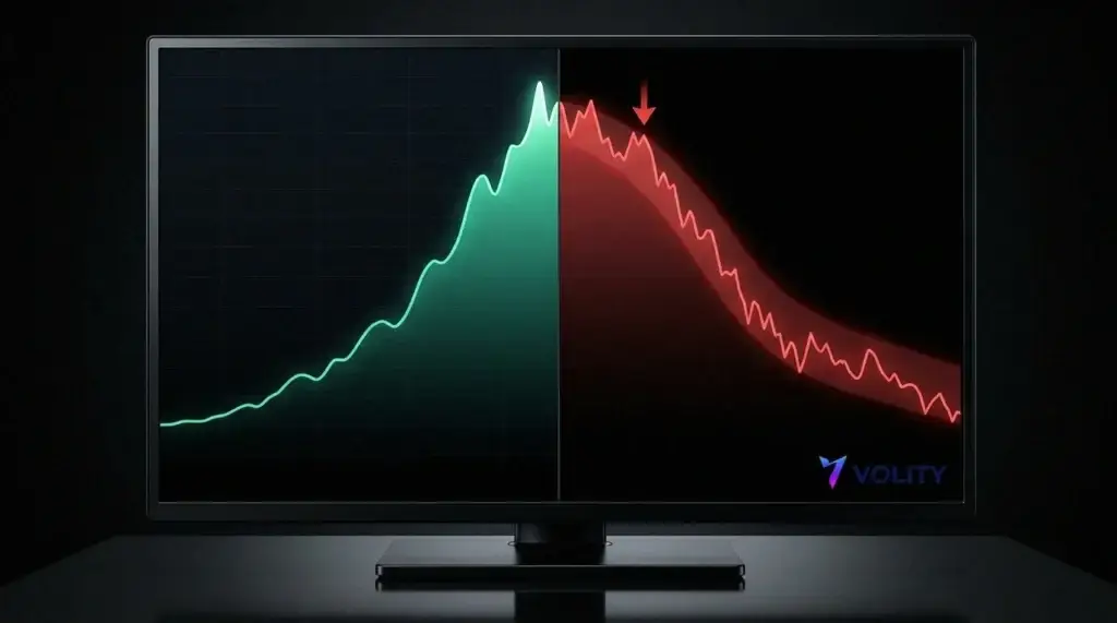 Écran sombre opposant un graphique crypto vert en hausse à une chute rouge abrupte, l'argument équilibré pour et contre la crypto.