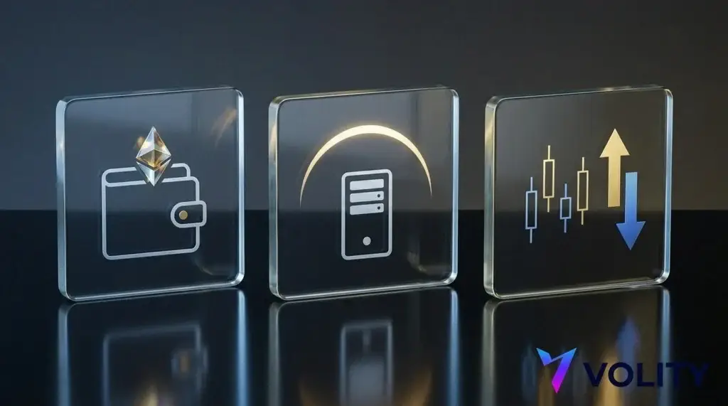 Drei Karten, die Wege zeigen, eine Exposure gegenüber Ethereum zu erhalten: eine Münze in einem Wallet, ein Staking-Knoten, der Rendite erzielt, und ein CFD-Kursticker.