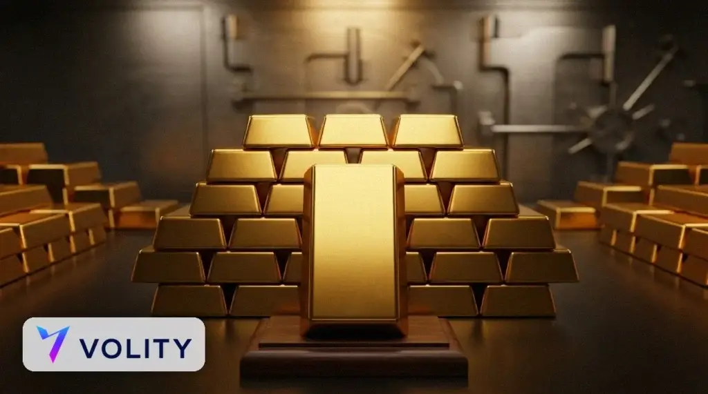 Reihen von Goldbarren, gestapelt in einem sicheren Tresor unter sanftem Licht, die Gold als sicheren Hafen und Wertspeicher zeigen.