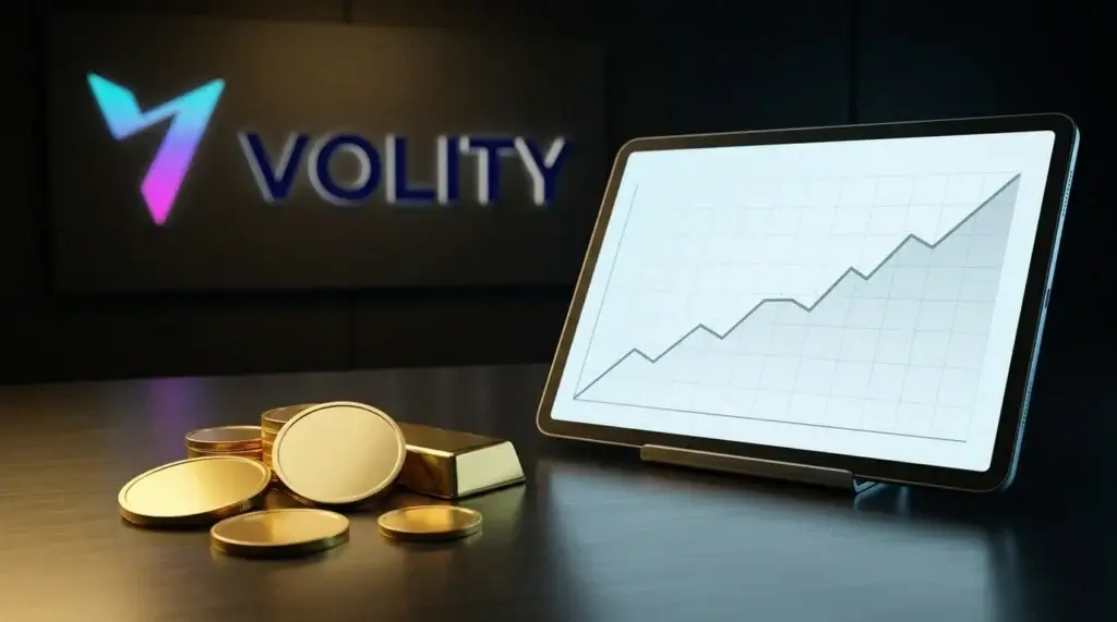 Physische Goldmünzen und ein Barren neben einem Bildschirm mit einem Goldpreis-Chart, die die Wege zeigen, sich Gold zu engagieren.
