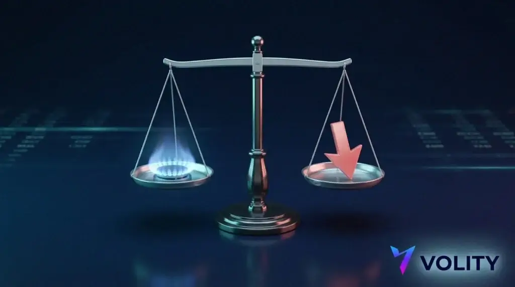 Glossy balance scales weighing a blue gas flame against a downward red price arrow, showing the case for and against investing in natural gas.