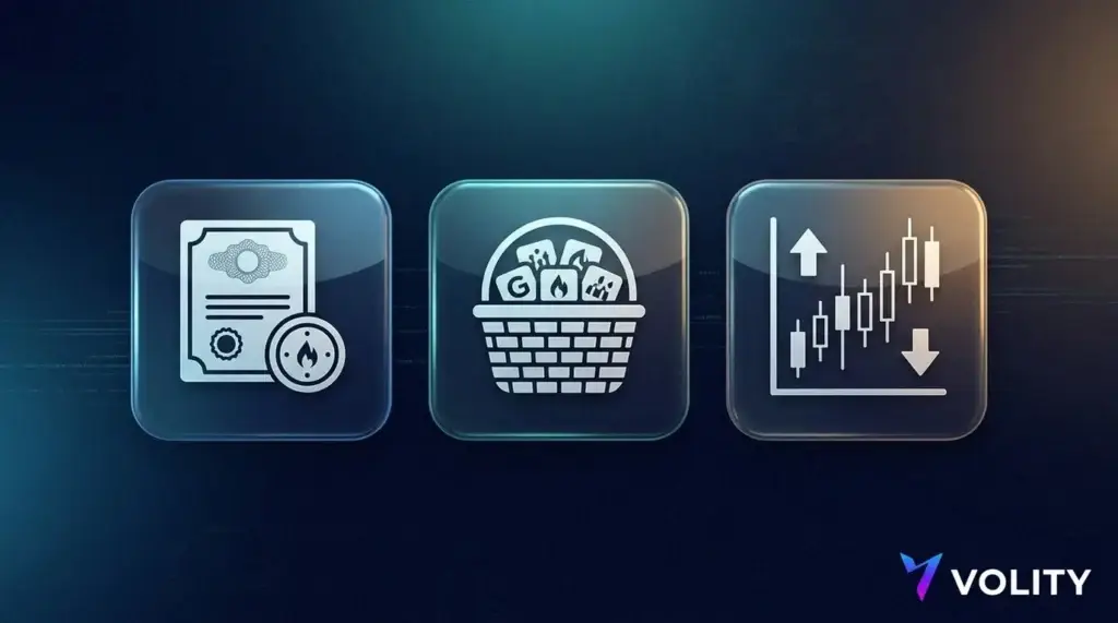 Three glossy tiles showing the routes to natural gas exposure: a share certificate with a dividend coin, a basket of holdings for an ETF, and an up-and-down candlestick chart for a gas CFD.