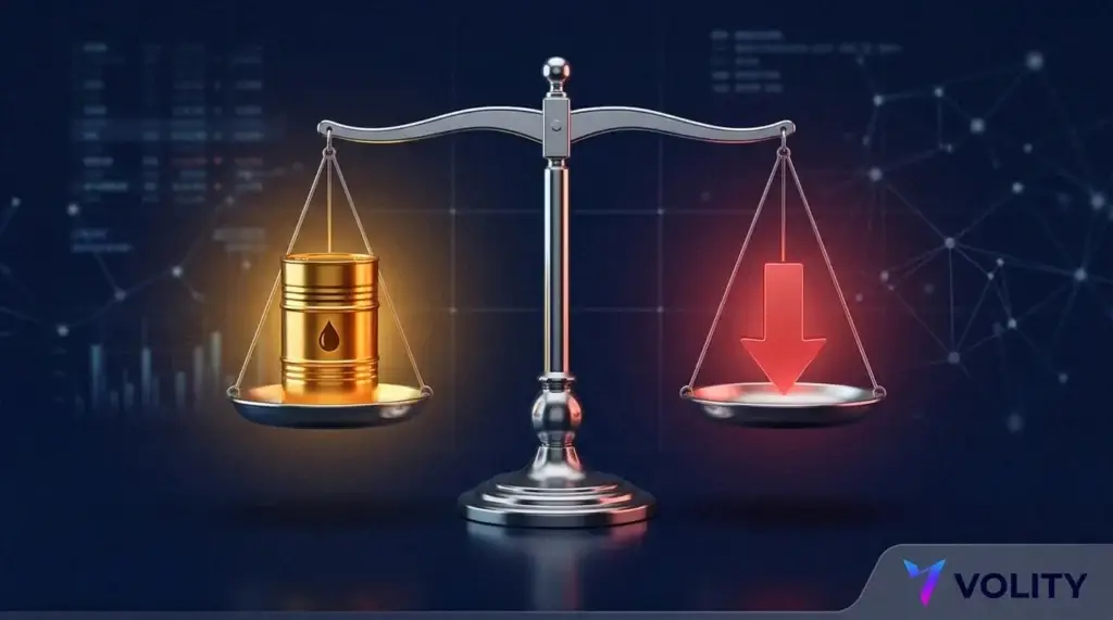 Balance brillante pesant un baril de pétrole doré face à une flèche de prix rouge orientée vers le bas, montrant le pour et le contre d'un investissement dans le pétrole.