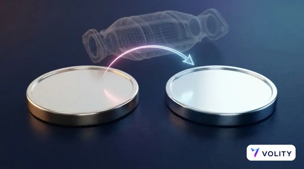Palladium and platinum metal discs by a car catalytic converter, showing substitution between the two metals.