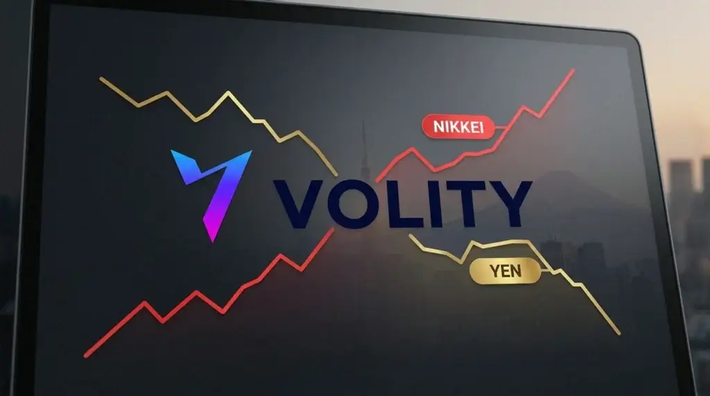 Deux lignes en miroir sur un écran sombre, une ligne rouge NIKKEI qui monte tandis qu'une ligne dorée YEN descend, montrant la relation inverse entre le yen japonais et l'indice JPN225.