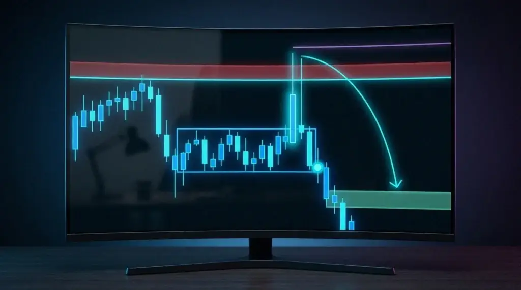 Graphique montrant l'entrée sur le retournement, le stop au-delà du plus haut du Judas swing, et l'objectif au pool de liquidité opposé.