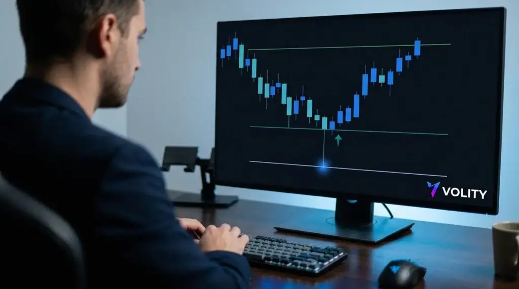 Graphique marquant l'entrée, le stop sous la mèche et l'objectif après que le prix saisit la liquidité sous un creux de swing et se retourne à la hausse.