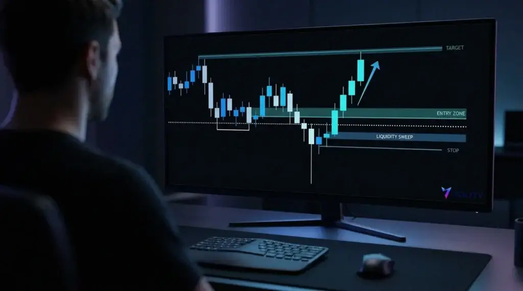 Trader observant un graphique étiqueté liquidity sweep, avec zone d'entrée, stop et objectif après un balayage de niveau et un retournement.