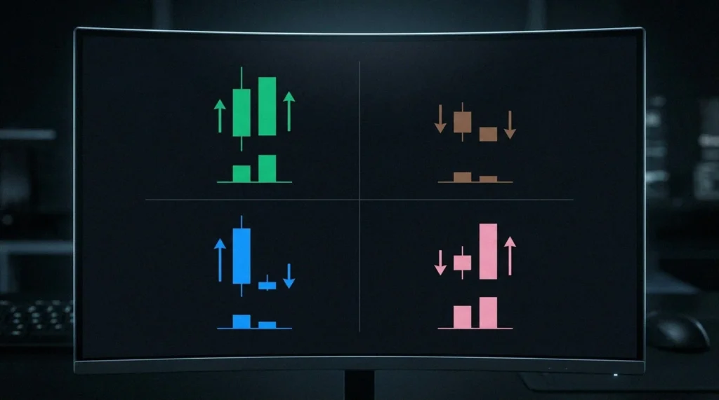 Schéma en quatre panneaux des types de barre du MFI (verte, fade, fake et squat), chacun avec une petite barre de prix et une barre de volume.