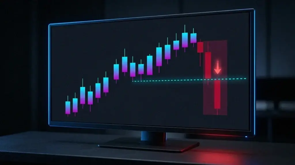 Graphique en chandeliers marquant d'une ligne pointillée le creux plus haut protégé tandis qu'une bougie rouge le casse, un market structure shift.