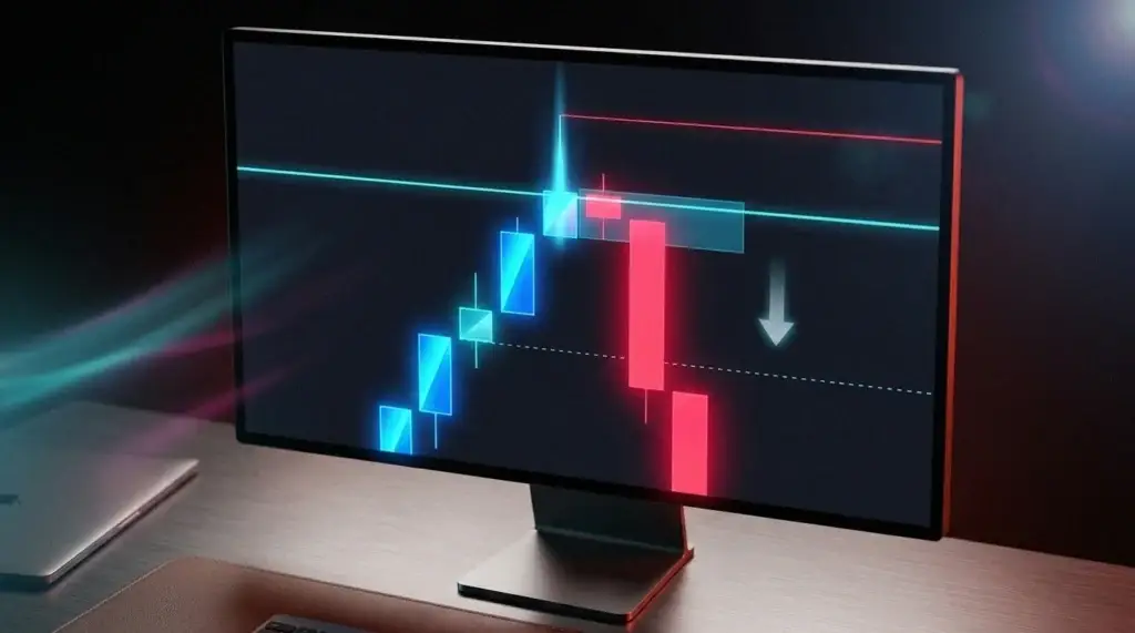 Graphique d'un retournement baissier : balayage de liquidité, market structure shift, zone d'entrée sur l'Order Block, avec un stop au-dessus et un objectif en dessous.