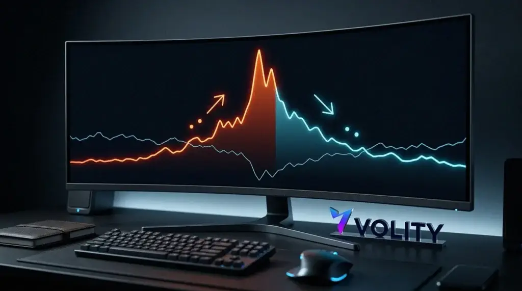 L'indice MOVE montant vers un pic rouge puis se retournant, avec une ligne d'actions inversée, présenté sur le desk de trading Volity.