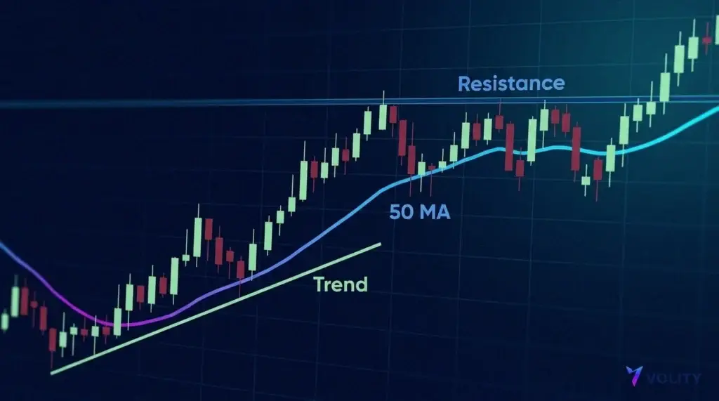 Graphique en chandeliers de l'indice marqué d'une ligne de tendance, d'une moyenne mobile 50 en bleu et d'un niveau de résistance horizontal pour l'analyse du NAS100.