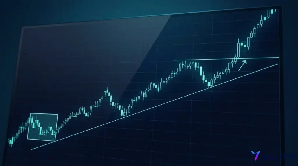 NAS100-Chart, der drei Setups markiert: eine steigende Trendlinie, eine Box der Eröffnungsspanne und ein Ausbruchsniveau mit einem Retest-Pfeil.