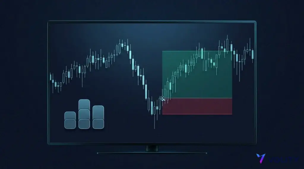 NAS100-Chart mit einem risikodefinierten Trade: Einstieg, rote Stop-Loss-Zone darunter, grüne Take-Profit-Zone darüber, Balken zur Positionsgröße.