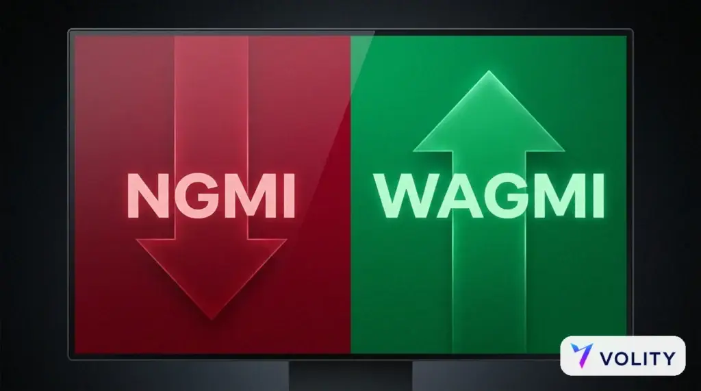 Gráfico dividido: un panel rojo de NGMI con una flecha hacia abajo junto a un panel verde de WAGMI con una flecha hacia arriba, jerga cripto.