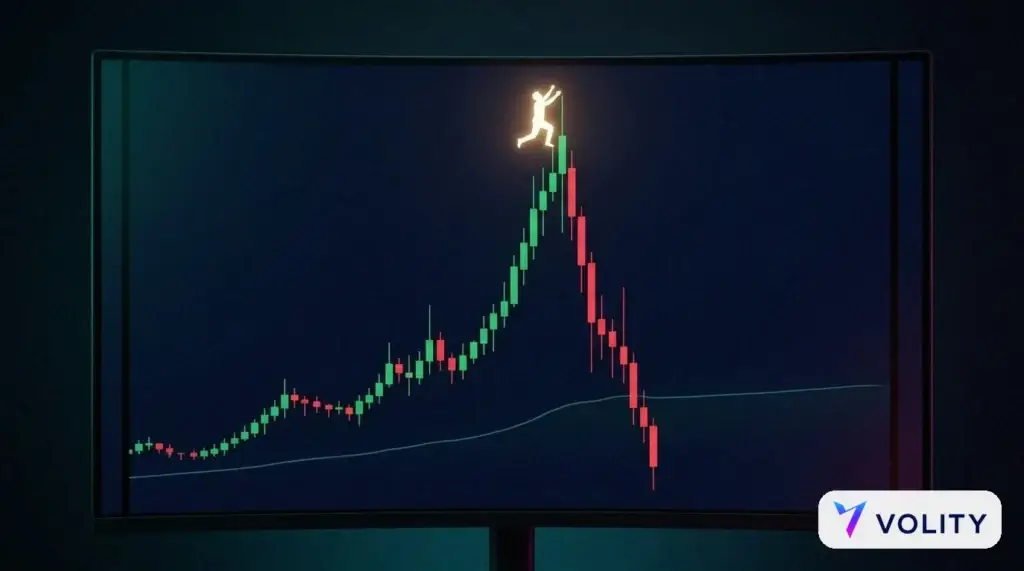 Gráfico de velas cripto que sube y se desploma mientras un trader persigue el techo, mostrando el FOMO y el pánico detrás de un NGMI.