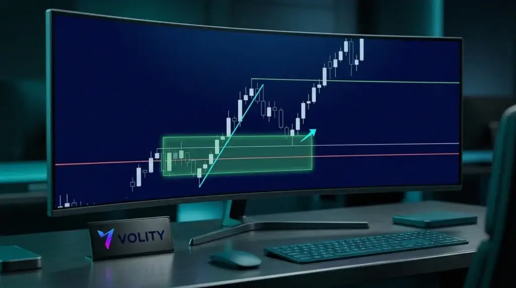 Graphique en chandeliers d'un trade sur order block haussier montrant les niveaux d'entrée, de stop-loss et de take-profit.