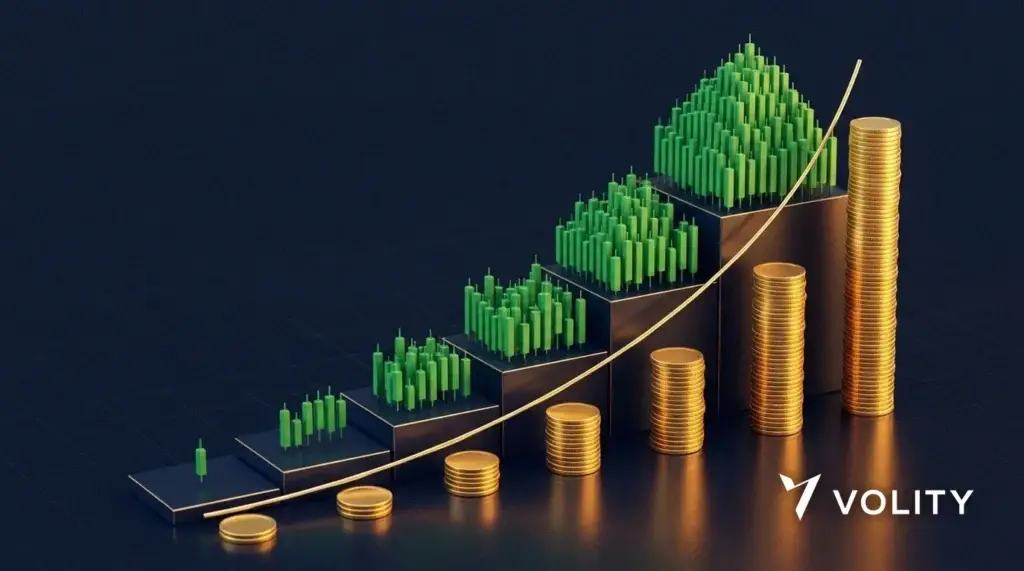 درج صاعد من الشموع اليابانية الخضراء وأكوام متزايدة من العملات الذهبية على خلفية زرقاء داكنة، تجسد فكرة Peter Lynch عن الـ tenbagger، وهو السهم الذي تتضاعف قيمته عشر مرات.
