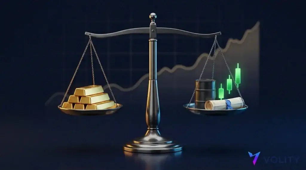 Une balance pesant à parts égales des actions, des lingots d'or, un billet obligataire et un baril de matières premières sur fond bleu marine sombre, montrant le risque équilibré entre les actifs dans l'approche All Weather.