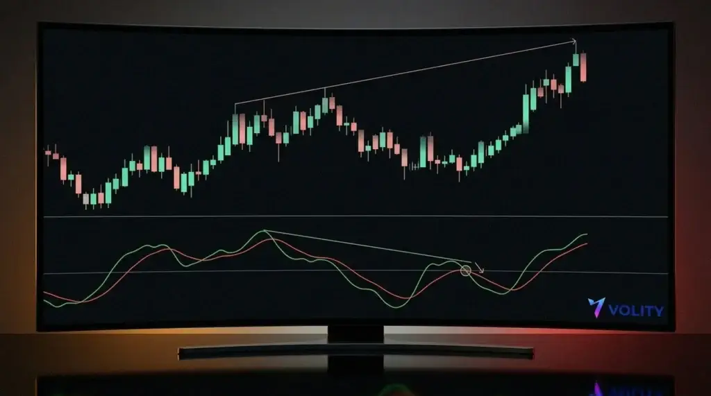 Le prix fait un plus haut plus élevé tandis que le sous-panneau RVI fait un plus haut plus bas, une divergence baissière avec un croisement de ligne de signal marqué.