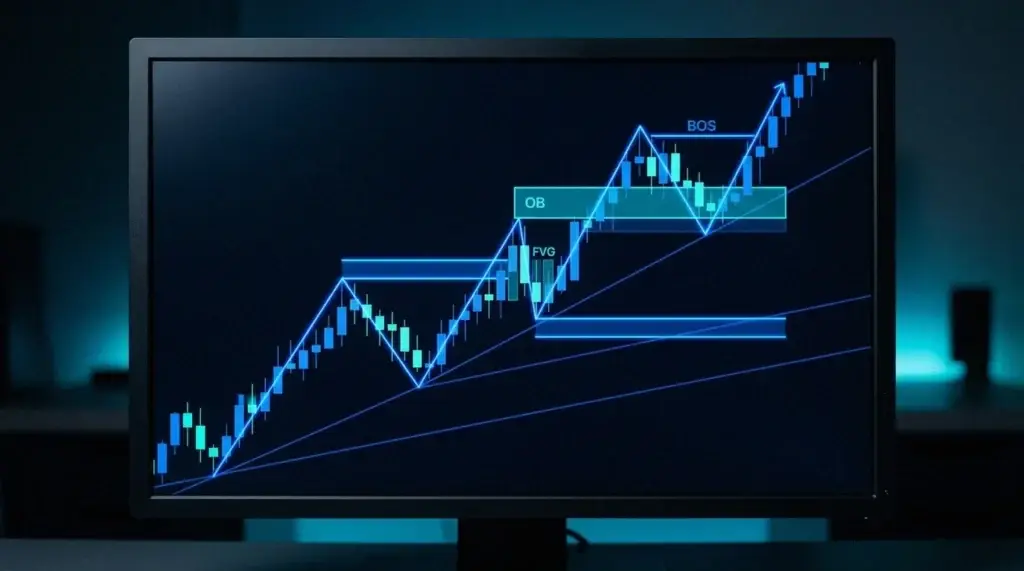 Graphique en chandeliers bleus en tendance haussière marquant un order block, un fair value gap et une cassure de structure en smart money concepts.