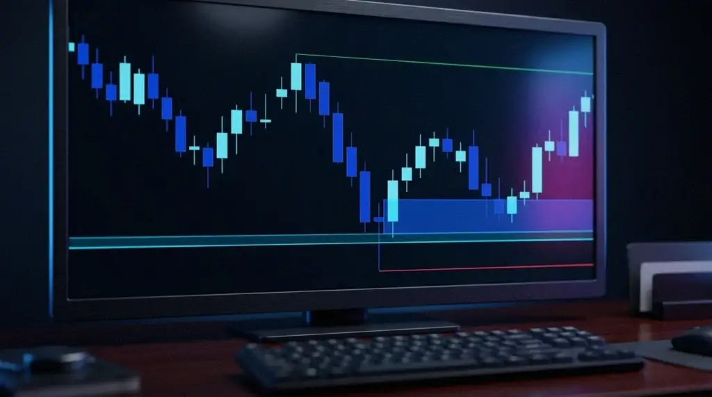 Graphique de trading bleu montrant un liquidity sweep, une zone d'entrée sur order block, un stop et un objectif dans un setup de smart money concepts.