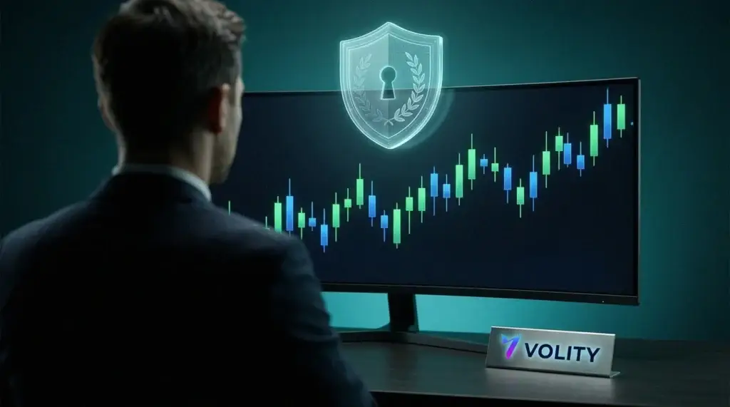 Trader viewing a rising stock candlestick chart with a holographic security shield on a regulated trading platform.