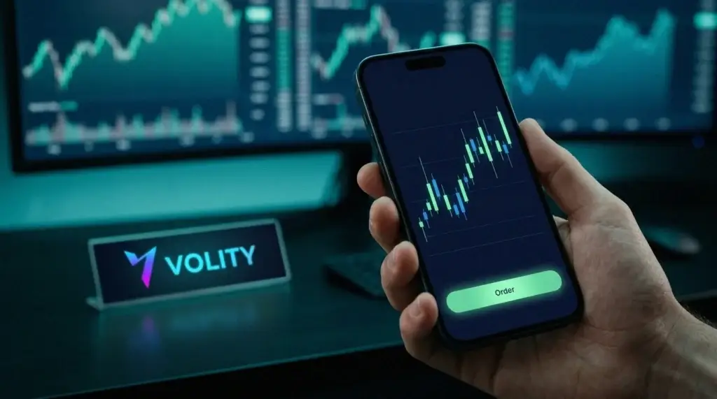 Hand holding a phone showing the Volity MT stock trading app with a green and blue candlestick chart at a dark desk.