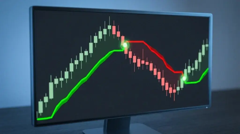 Indicateur Supertrend sur des bougies : ligne verte sous une tendance haussière, rouge au-dessus d'une baissière, avec les points de bascule marqués.