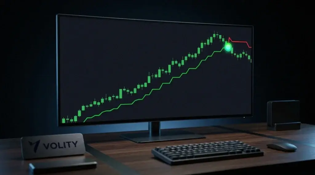 Ligne Supertrend en trailing stop montant en vert sous une tendance haussière, avec la sortie marquée là où elle passe au rouge.