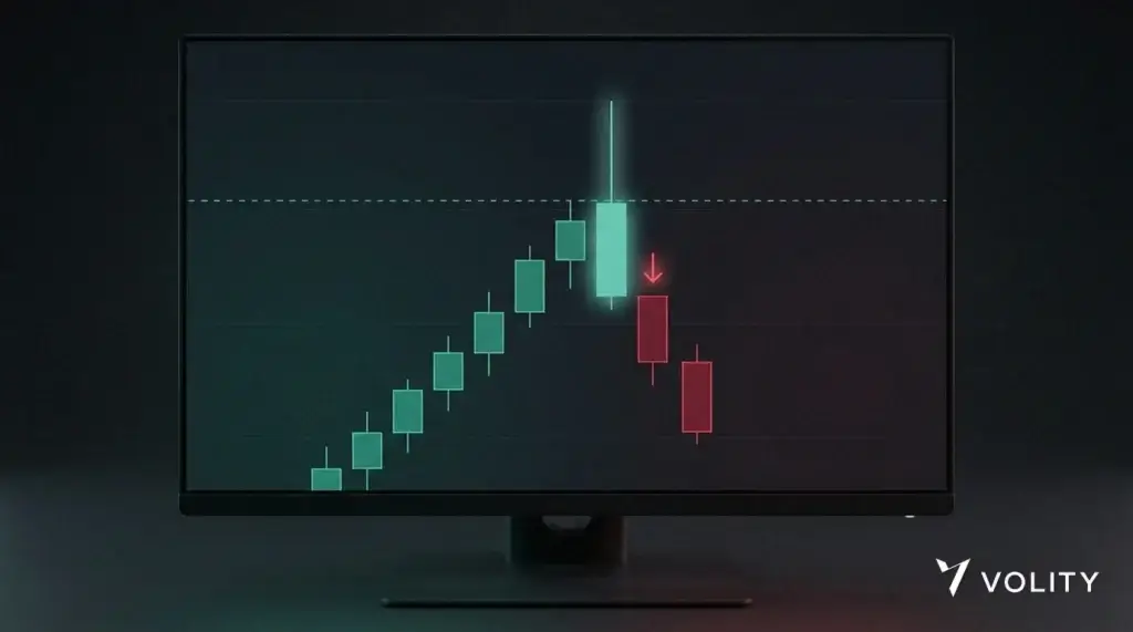 لقطة مقربة: فتيل طويل يخترق قمة التأرجح السابقة، وتغلق الشمعة مجدداً تحت الخط، ثم تنعكس الشموع الحمراء نحو الأسفل.