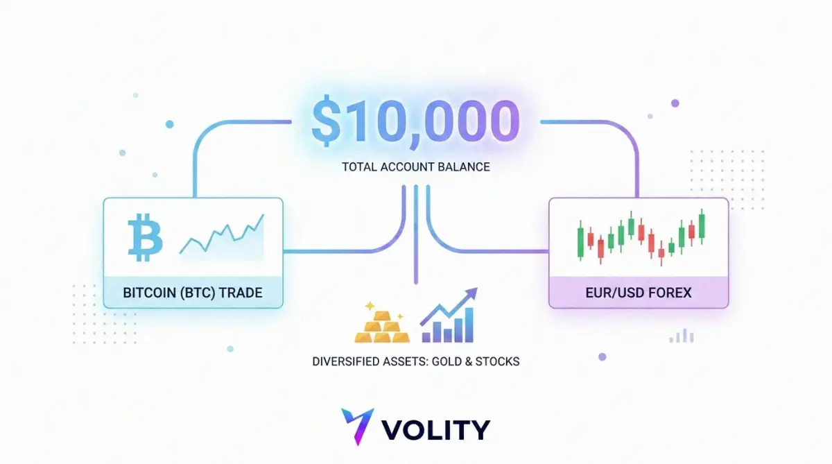 Volity single account balance funding both a Bitcoin position and a EUR/USD forex trade