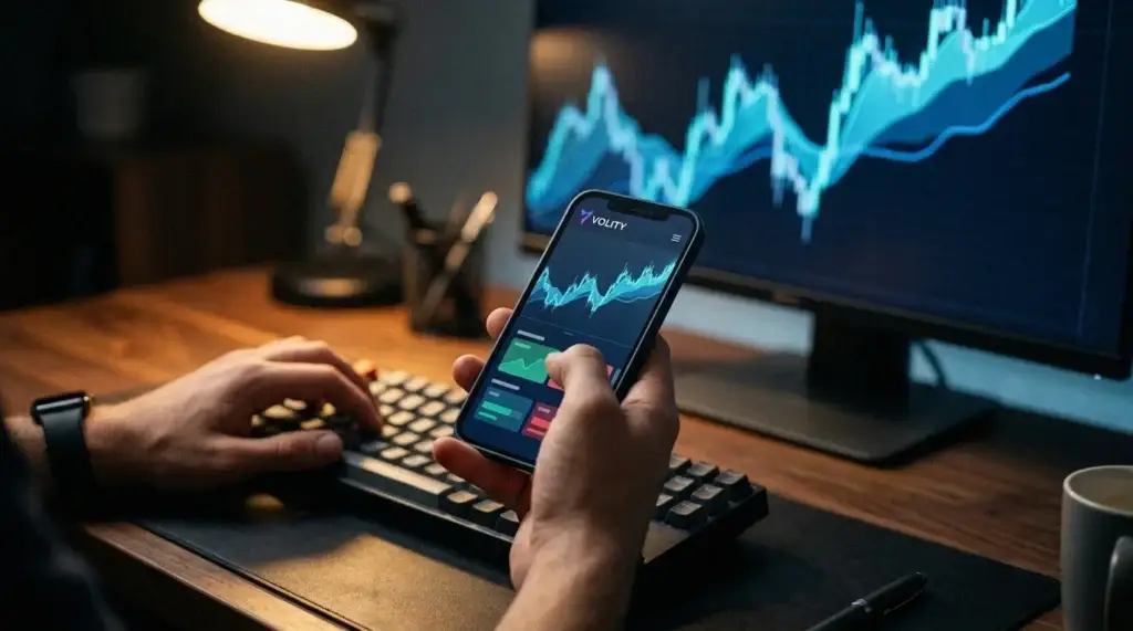 Des mains à un bureau sombre s'entraînant sur un compte de démonstration, un téléphone et un moniteur montrant des graphiques de prix bleus.