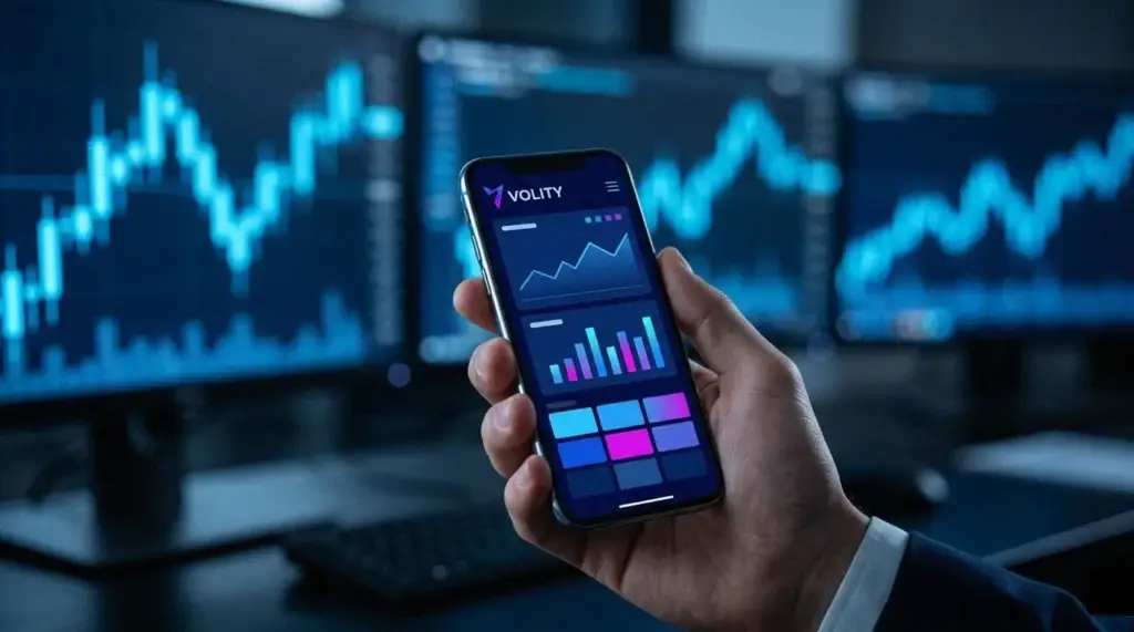 Main tenant un téléphone avec l'application de trading bleue de Volity à un bureau sombre, ouvrant un compte de trading.