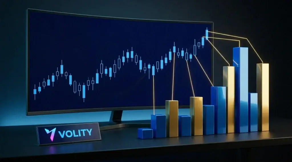 Fila de bloques de rascacielos azules y dorados de distinta altura junto a un gráfico del índice US30, que muestra los componentes ponderados por precio.