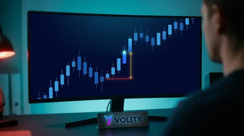 Gráfico de velas del US30 que marca un punto de entrada, una línea de stop-loss y la distancia en puntos entre ambos para dimensionar la posición.