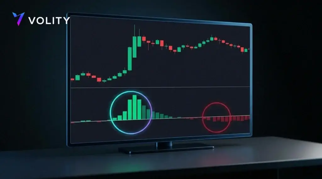 Preischart mit einem Volumen-Oszillator-Unterpanel: hohe grüne Balken bestätigen einen Ausbruch, schrumpfende rote Balken markieren eine schwache Bewegung.