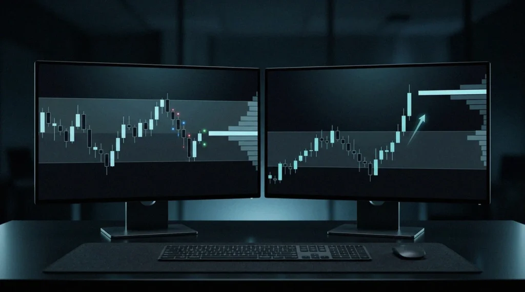 Deux setups de profil de volume : jouer le haut de la zone de valeur en contre vers le point de contrôle, puis un breakout vers le prochain nœud.
