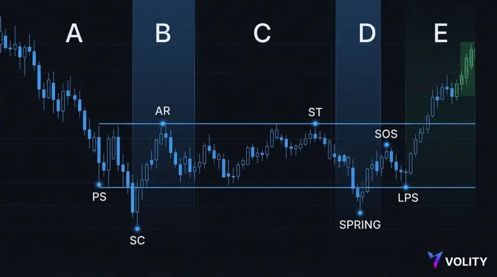 Phases A à E de l'accumulation de Wyckoff sur un graphique en bougies avec PS, SC, AR, ST, spring, SOS et LPS marqués.