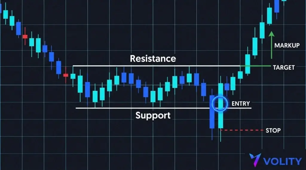 Setup de trade d'accumulation de Wyckoff avec entrée au spring, stop sous le support et objectif à la résistance.