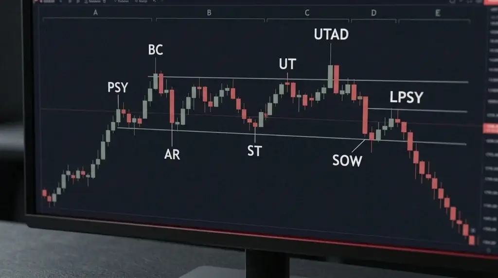Schéma de distribution de Wyckoff : tendance haussière vers un range puis markdown, avec PSY, BC, AR, ST, UT, UTAD, SOW et LPSY étiquetés.