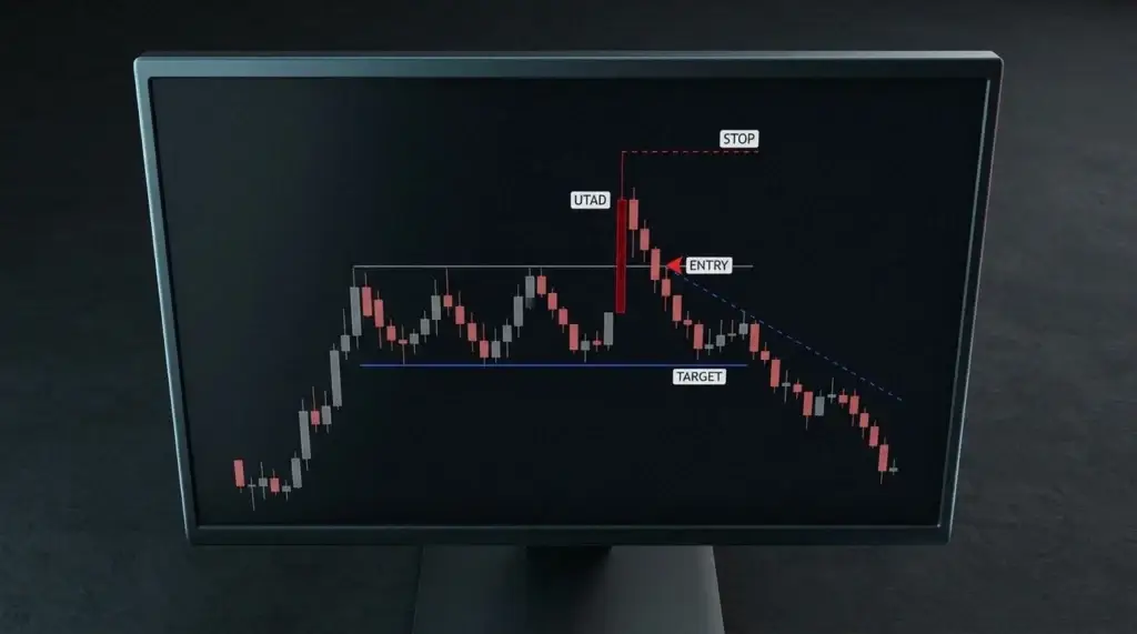 Trade vendeur de distribution de Wyckoff : pic UTAD au-dessus de la résistance, entrée vendeuse, stop au-dessus du plus haut, objectif au support du range.
