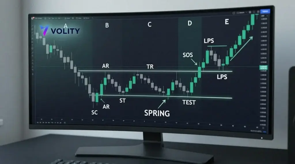 Schéma d'accumulation de Wyckoff avec SC, AR, ST, le spring plongeant sous le support en Phase C, puis TEST, SOS et LPS annotés avant le markup.