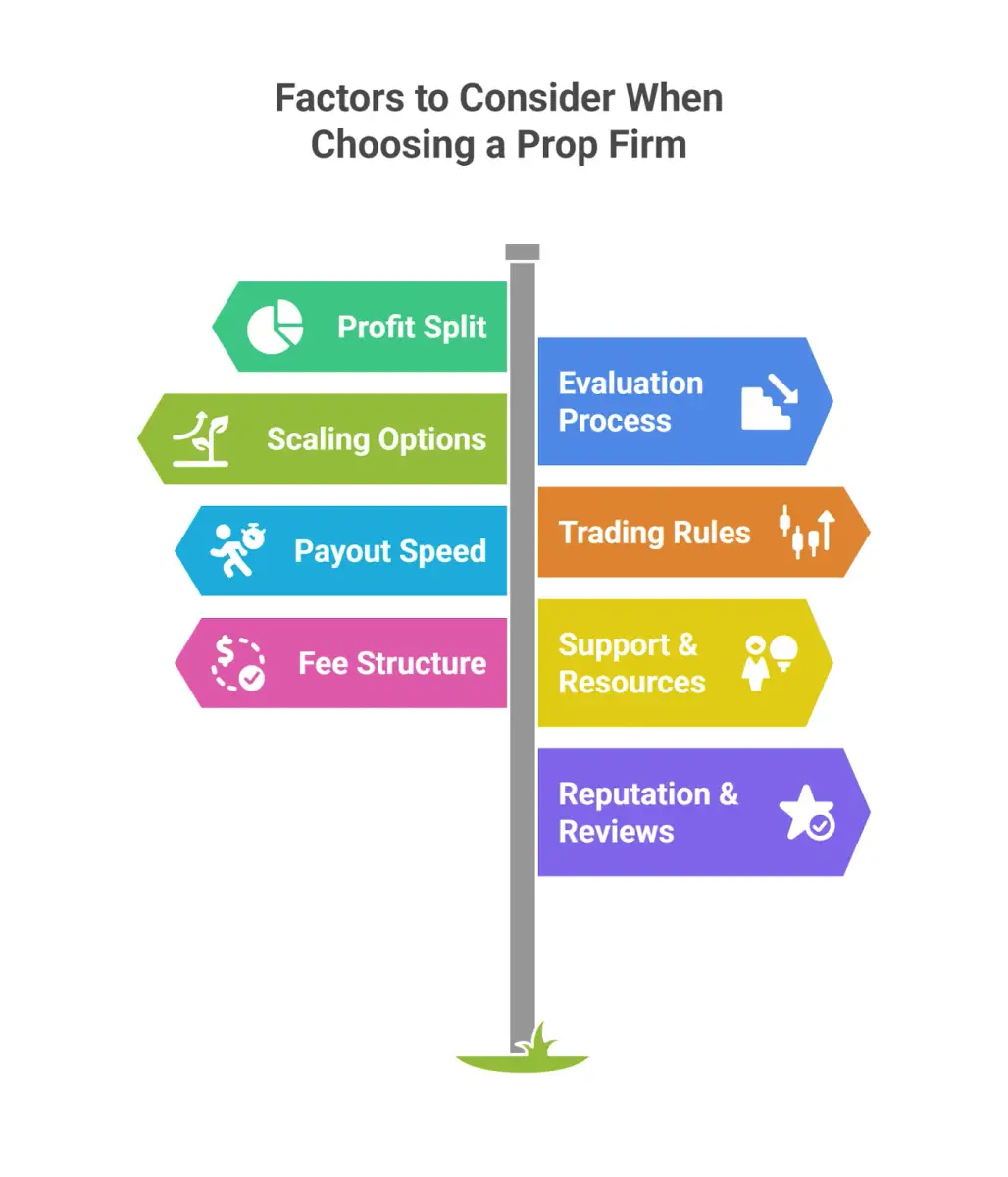 Key factors when choosing a forex prop firm: profit split, evaluation, scaling, rules, payout speed